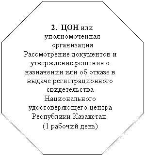 Восьмиугольник: 2. ЦОН или уполномоченная организация
Рассмотрение документов и утверждение решения о назначении или об отказе в выдаче регистрационного свидетельства Национального удостоверяющего центра Республики Казахстан.
(1 рабочий день)