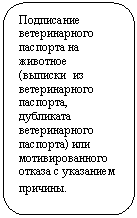 Скругленный прямоугольник: Подписание ветеринарного паспорта на животное (выписки из ветеринарного паспорта, дубликата ветеринарного паспорта) или мотивированного отказа с указанием причины.
