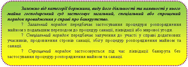 Скругленный прямоугольник: Залежно від категорії боржника, виду його діяльності та наявності у нього майна господарський суд застосовує загальний, спеціальний або спрощений порядок провадження у справі про банкрутство.
0 Загальний порядок передбачає застосування процедури розпорядження майном з подальшим переходом до процедур санації, ліквідації або мирової угоди.
0 Спеціальний порядок передбачає залучення до участі у справі додаткових учасників, продовження строків санації, збігу процедур розпорядження майном та санації.
0 Спрощений порядок застосовується під час ліквідації банкрута без застосування процедур розпорядження майном та санації.