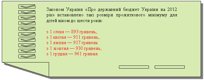Зарезервировано: Законом України «Про державний бюджет України на 2012 рік» встановлено такі розміри прожиткового мінімуму для дітей віком до шести років:
з 1 січня — 893 гривень,
з 1 квітня — 911 гривень,
з 1 липня — 917 гривень
з 1 жовтня — 930 гривень,
з 1 грудня — 961 гривня.