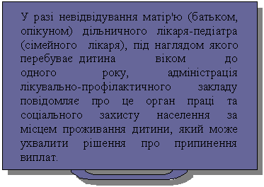 Зарезервировано: У разі невідвідування матір'ю (батьком, опікуном) дільничного лікаря-педіатра (сімейного лікаря), під наглядом якого перебуває дитина віком до одного року, адміністрація лікувально-профілактичного закладу повідомляє про це орган праці та соціального захисту населення за місцем проживання дитини, який може ухвалити рішення про припинення виплат.