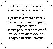 Скругленный прямоугольник: 1.Ответственное лицо аппарата акима сельского округа.
Принимает необходимые документы, готовит проект справки либо мотивированного ответа об отказе в предоставлении государственной услуги