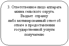 Скругленный прямоугольник: 3. Ответственное лицо аппарата акима сельского округа.
Выдает справку
либо мотивированный ответ об отказе в предоставлении государственной услуги получателю