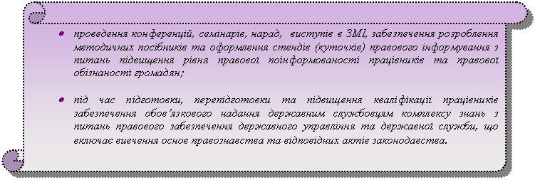 Вертикальный свиток: • проведення конференцій, семінарів, нарад, виступів в ЗМІ, забезпечення розроблення методичних посібників та оформлення стендів (куточків) правового інформування з питань підвищення рівня правової поінформованості працівників та правової обізнаності громадян;
• під час підготовки, перепідготовки та підвищення кваліфікації працівників забезпечення обов’язкового надання державним службовцям комплексу знань з питань правового забезпечення державного управління та державної служби, що включає вивчення основ правознавства та відповідних актів законодавства.