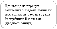 Скругленный прямоугольник: Прием и регистрация
заявления о выдаче выписки или копии из реестра судов Республики Казахстан
(двадцать минут)