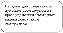 Скругленный прямоугольник: Передача удостоверения или дубликата удостоверения на право управления самоходным маломерным судном
(четыре часа)