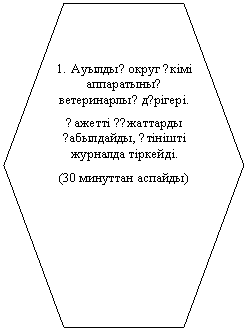 Шестиугольник: 1. Ауылды? округ ?кімі аппаратыны? ветеринарлы? д?рігері.
?ажетті ??жаттарды ?абылдайды, ?тінішті журналда тіркейді.
(30 минуттан аспайды)