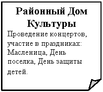 Загнутый угол: Районный Дом Культуры
Проведение концертов, участие в праздниках: Масленица, День поселка, День защиты детей.