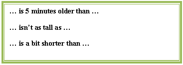������������� �������: � is 5 minutes older than �

� isn�t as tall as �

� is a bit shorter than �





