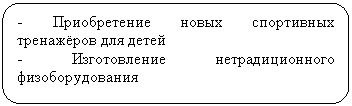 Скругленный прямоугольник: - Приобретение новых спортивных тренажёров для детей
- Изготовление нетрадиционного физоборудования