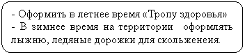 Скругленный прямоугольник: - Оформить в летнее время «Тропу здоровья»
- В зимнее время на территории оформлять лыжню, ледяные дорожки для скольженеия.