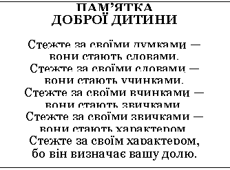 Подпись: ПАМ’ЯТКА
ДОБРОЇ ДИТИНИ
Стежте за своїми думками —
вони стають словами.
Стежте за своїми словами —
вони стають учинками.
Стежте за своїми вчинками —
вони стають звичками.
Стежте за своїми звичками —
вони стають характером.
Стежте за своїм характером,
бо він визначає вашу долю.