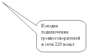 Скругленная прямоугольная выноска: Колодка подклю-чения громкогово-рителей и сети 220 вольт.