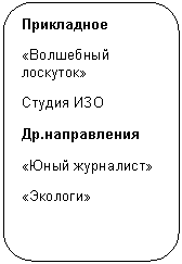 Скругленный прямоугольник: Прикладное
«Волшебный лоскуток»
Студия ИЗО
Др.направления
«Юный журналист»
«Экологи»