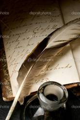 Feathers, Old Postcards and Vintage Pen Around Beige Background стоковые изображения - MyStockPhoto.com