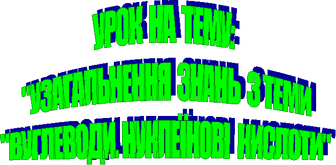 УРОК НА ТЕМУ:
"УЗАГАЛЬНЕННЯ ЗНАНЬ З ТЕМИ
"ВУГЛЕВОДИ. НУКЛЕЇНОВІ КИСЛОТИ"