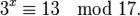3^x\equiv 13\mod{17}.
