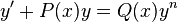 y'+ P(x)y = Q(x)y^n\,