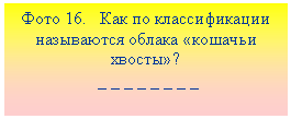 Подпись: Фото 16. Как по классификации называются облака «кошачьи хвосты»?
_ _ _ _ _ _ _ _