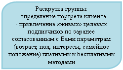 Зарезервировано: Раскрутка группы:
- определение портрета клиента
- привлечение «живых» целевых подписчиков по заранее согласованным с Вами параметрам (возраст, пол, интересы, семейное положение) платными и бесплатными методами