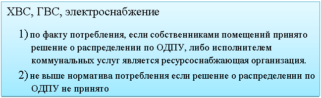 Подпись: ХВС, ГВС, электроснабжение
1) по факту потребления, если собственниками помещений принято решение о распределении по ОДПУ, либо исполнителем коммунальных услуг является ресурсоснабжающая организация.
2) не выше норматива потребления если решение о распределении по ОДПУ не принято