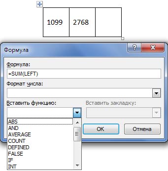 Окно диалога Формула в Word 2007