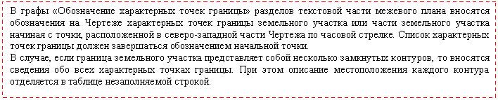 Подпись: В графы «Обозначение характерных точек границы» разделов текстовой части межевого плана вносятся обозначения на Чертеже характерных точек границы земельного участка или части земельного участка начиная с точки, расположенной в северо-западной части Чертежа по часовой стрелке. Список характерных точек границы должен завершаться обозначением начальной точки.
В случае, если граница земельного участка представляет собой несколько замкнутых контуров, то вносятся сведения обо всех характерных точках границы. При этом описание местоположения каждого контура отделяется в таблице незаполняемой строкой.