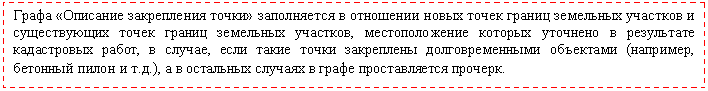Подпись: Графа «Описание закрепления точки» заполняется в отношении новых точек границ земельных участков и существующих точек границ земельных участков, местоположение которых уточнено в результате кадастровых работ, в случае, если такие точки закреплены долговременными объектами (например, бетонный пилон и т.д.), а в остальных случаях в графе проставляется прочерк.