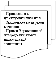 Блок-схема: несколько документов: - Приложение к действующей лицензии
- Заключение экспертной комиссии
- Приказ Управления об утверждении итогов лицензионной экспертизы