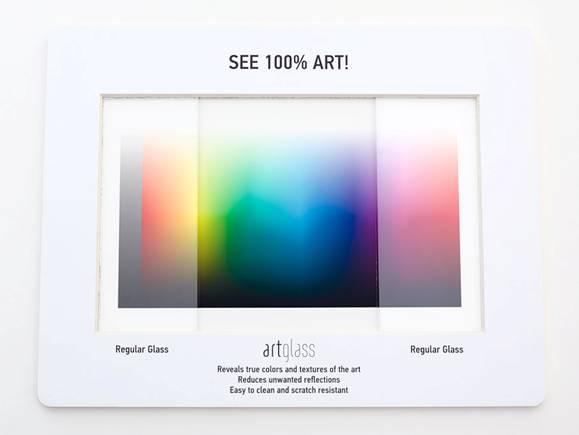 Artglass specifier frame comparing regular glass to anti-reflection glass.