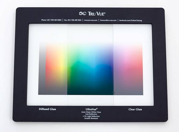 Tru Vue specifier frame comparing regular and etched glass to anti-reflection glass