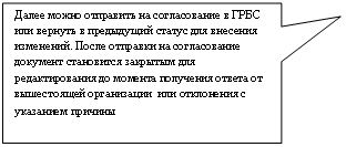 Прямоугольная выноска: Далее можно отправить на согласование в ГРБС или вернуть в предыдущий статус для внесения изменений. После отправки на согласование документ становится закрытым для редактирования до момента получения ответа от вышестоящей организации или отклонения с указанием причины