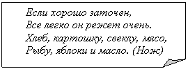 Загнутый угол: Если хорошо заточен,
Все легко он режет очень.
Хлеб, картошку, свеклу, мясо,
Рыбу, яблоки и масло. (Нож)