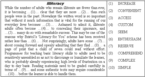 �������: Illiteracy

While the number of adults who remain illiterate are fewer than ever, it is becoming �(1)� clear that they are more �(2)� than such people were in the past. Nowadays the written word is so important that without it much information that is vital for the running of our everyday lives becomes �(3)� . Ashamed to admit it, illiterate adults often become �(4)� to concealing their ignorance, and �(5)� many do so with remarkable success. This may be one of the reasons why Bristol�s �Literacy for You� scheme has been received rather less than �(6)� . Not surprisingly, adults have some �(7)� about coming forward and openly admitting that they find �(8)� a page of print that a child of seven could read without effort. Programmes for teaching basic literacy skills to adults need to be sensitively assembled so as not to discourage or humiliate the learner, who is probably already experiencing high levels of frustration on a day to day basis. Reading materials need to be graded carefully in terms of �(9)� and some authentic texts may require considerable �(10)� before the learner is able to handle them. (1) INCREASE

(2) CONVENIENT

(3) ACCESS

(4) CUSTOM

(5) SEEM

(6) ENTHUSIASM

(7) RESERVE

(8) COMPREHEND

(9) COMPLEX

(10) SIMPLE

 

