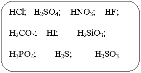 Скругленный прямоугольник: HCl; H2SO4; HNO3; HF;
H2CO3; HI; H2SiO3;
H3PO4; H2S; H2SO3