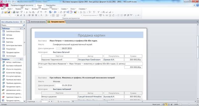 Отчёт «Продажа картин».