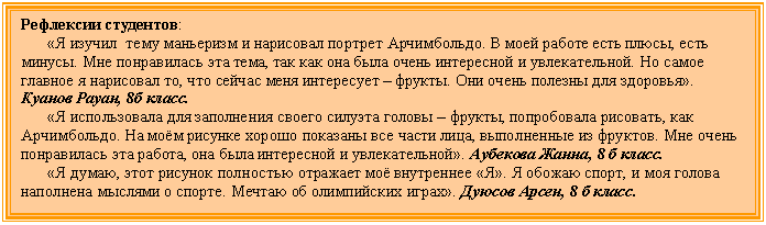 Подпись: Рефлексии студентов:
«Я изучил тему маньеризм и нарисовал портрет Арчимбольдо. В моей работе есть плюсы, есть минусы. Мне понравилась эта тема, так как она была очень интересной и увлекательной. Но самое главное я нарисовал то, что сейчас меня интересует – фрукты. Они очень полезны для здоровья». Куанов Рауан, 8б класс.
«Я использовала для заполнения своего силуэта головы – фрукты, попробовала рисовать, как Арчимбольдо. На моём рисунке хорошо показаны все части лица, выполненные из фруктов. Мне очень понравилась эта работа, она была интересной и увлекательной». Аубекова Жанна, 8 б класс.
«Я думаю, этот рисунок полностью отражает моё внутреннее «Я». Я обожаю спорт, и моя голова наполнена мыслями о спорте. Мечтаю об олимпийских играх». Дуюсов Арсен, 8 б класс.