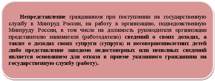 Скругленный прямоугольник: Непредставление гражданином при поступлении на государственную службу в Минтруд России, на работу в организацию, подведомственную Минтруду России, в том числе на должность руководителя организации представителю нанимателя (работодателю) сведений о своих доходах, а также о доходах своих супруги (супруга) и несовершеннолетних детей либо представление заведомо недостоверных или неполных сведений является основанием для отказа в приеме указанного гражданина на государственную службу (работу).