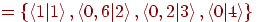=\{\left\langle 1|1\right\rangle, \left\langle
0,6|2\right\rangle, \left\langle 0,2|3\right\rangle,
\left\langle 0|4\right\rangle\}