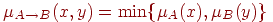 \(\mu _{A \to B} (x,y) = \min \{ \mu _A (x),\mu _B (y)\}\)\\