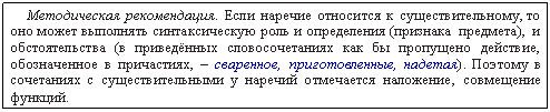 Подпись: Методическая рекомендация. Если наречие относится к существительному, то оно может выполнять синтаксическую роль и определения (признака предмета), и обстоятельства (в приведённых словосочетаниях как бы пропущено действие, обозначенное в причастиях, – сваренное, приготовленные, надетая). Поэтому в сочетаниях с существительными у наречий отмечается наложение, совмещение функций.