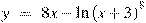 y~=~8x-\ln {{(x+3)}^{8}}