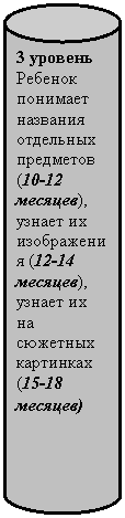 Цилиндр: 3 уровень
Ребенок понимает названия отдельных предметов (10-12 месяцев), узнает их изображения (12-14 месяцев), узнает их на сюжетных картинках (15-18 месяцев)