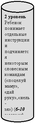 Цилиндр: 2 уровень
Ребенок понимает отдельные инструкции и подчиняется некоторым словесным командам («поцелуй маму», «дай руку»,«нель-
зя») (6-10 месяцев)