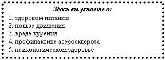 Подпись: Здесь вы узнаете о:
1. здоровом питании
2. пользе движения
3. вреде курения
4. профилактике атеросклероза
5. психологическом здоровье