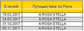 �������: 5 ����� 

����������� �� ����

19.03.2017 A-ROSA STELLA

24.03.2017 A-ROSA STELLA

31.10.2017 A-ROSA STELLA

05.11.2017 A-ROSA STELLA



