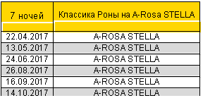 �������: 7 ����� 

�������� ���� �� A-Rosa STELLA

22.04.2017 A-ROSA STELLA

13.05.2017 A-ROSA STELLA

24.06.2017 A-ROSA STELLA

26.08.2017 A-ROSA STELLA

16.09.2017 A-ROSA STELLA

14.10.2017 A-ROSA STELLA




