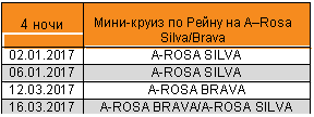 �������: 4 ���� 

����-����� �� ����� �� A�Rosa Silva/Brava

02.01.2017 A-ROSA SILVA

06.01.2017 A-ROSA SILVA

12.03.2017 A-ROSA BRAVA

16.03.2017 A-ROSA BRAVA/A-ROSA SILVA



