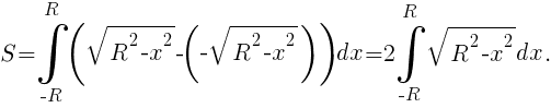 S=intR}{R}{(sqrt{R^2-x^2}-({sqrt{R^2-x^2}))dx}={2}int{-R}{R}{sqrt{R^2-x^2}dx}.