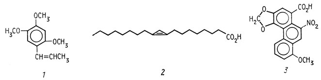 ���. 19. �������������� �� �������� [Jacobson, 1982; � ��.] 1 - ?-������ (?-asarone); 2 - ����������� (sterculic acid); 3 - �������������� ������� (aristolochic acid)